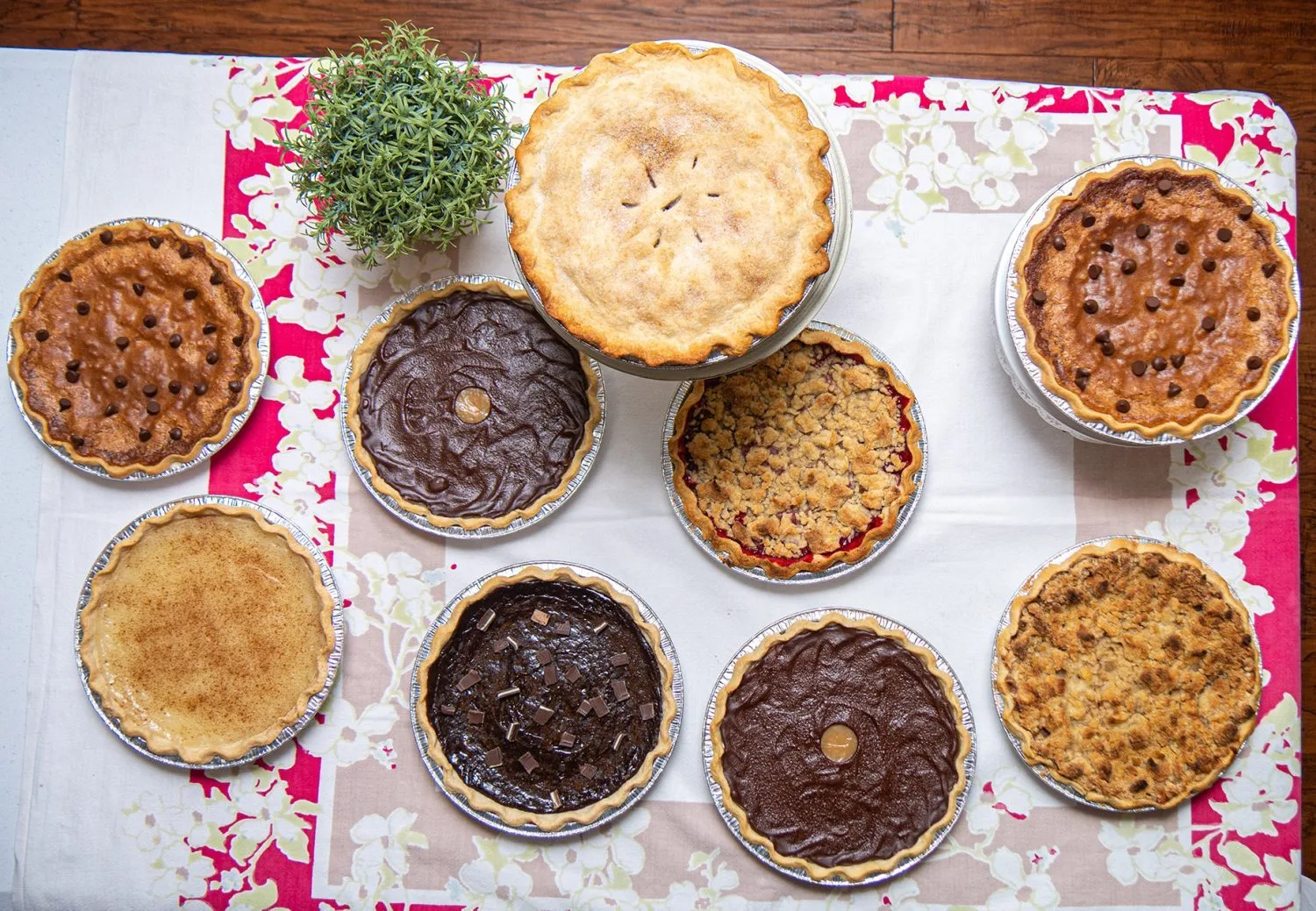 An overhead spread of about ten homemade pies including sugar cream, chocolate, apple, and crumb